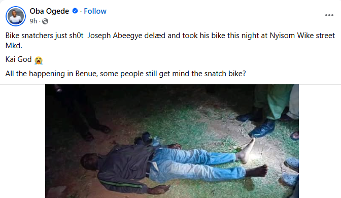 People wey dem suspect say na bike thief don k!ll Okada rider, carry him motorcycle for Makurdi